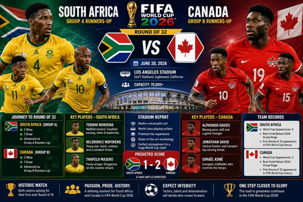 Current image: South Africa vs Canada in the FIFA World Cup 2026 Round of 32 promises a historic knockout battle at Los Angeles Stadium. Explore team records, key players, tactical analysis, stadium report, predicted score, and complete FIFA World Cup 2026 match preview.
