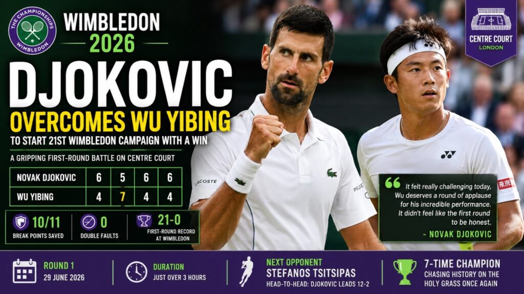 Current image: Novak Djokovic Overcomes Wu Yibing to Begin Wimbledon 2026 Campaign in Style