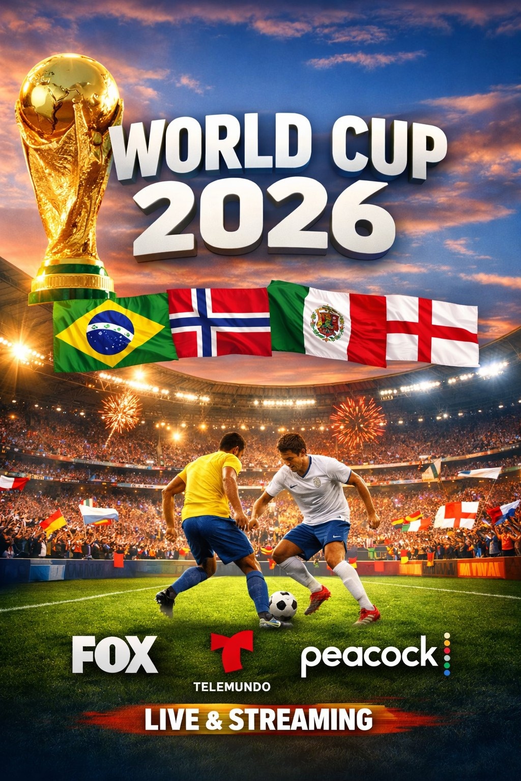 Catch all the action from the 2026 FIFA World Cup today, July 5! Watch Brazil vs. Norway at 4 PM ET and Mexico vs. England at 8 PM ET live on FOX, Telemundo, and streaming via Peacock, Fubo, or YouTube TV. Full schedule, channels, and streaming options inside.