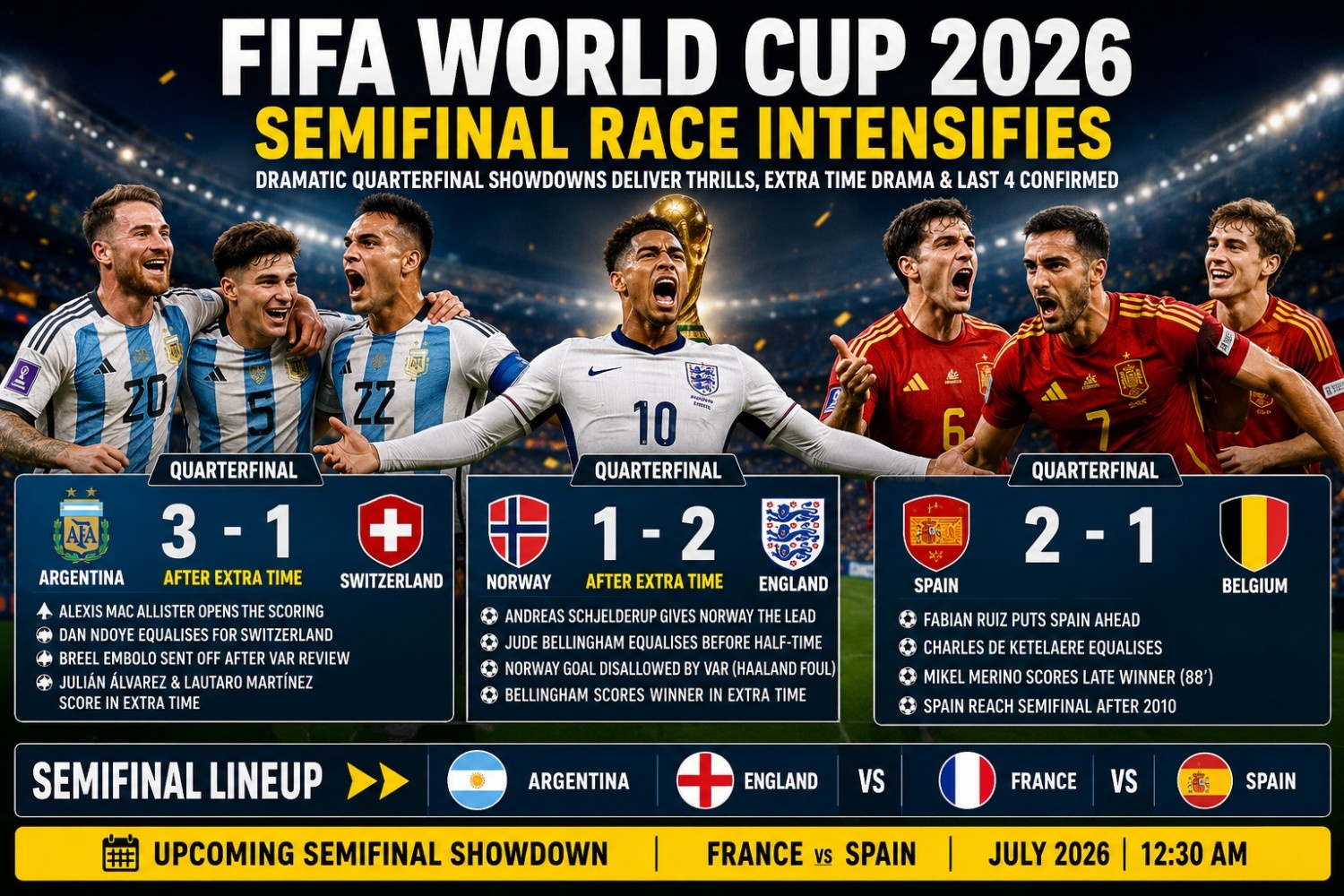 FIFA World Cup 2026 Semifinals: Argentina, England and Spain Advance After Thrilling Quarterfinals